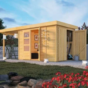 Merkproduct Tuinberging SET Retola 3 19 mm natuurlijke afwerking, incl. 2,4 m aanbouwdak + aanbouwkast