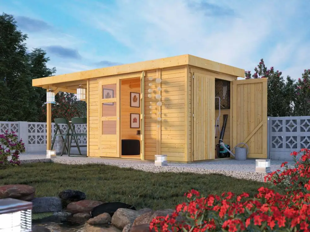 Merkproduct Tuinberging SET Retola 3 19 mm natuurlijke afwerking, incl. 2,4 m aanbouwdak + aanbouwkast