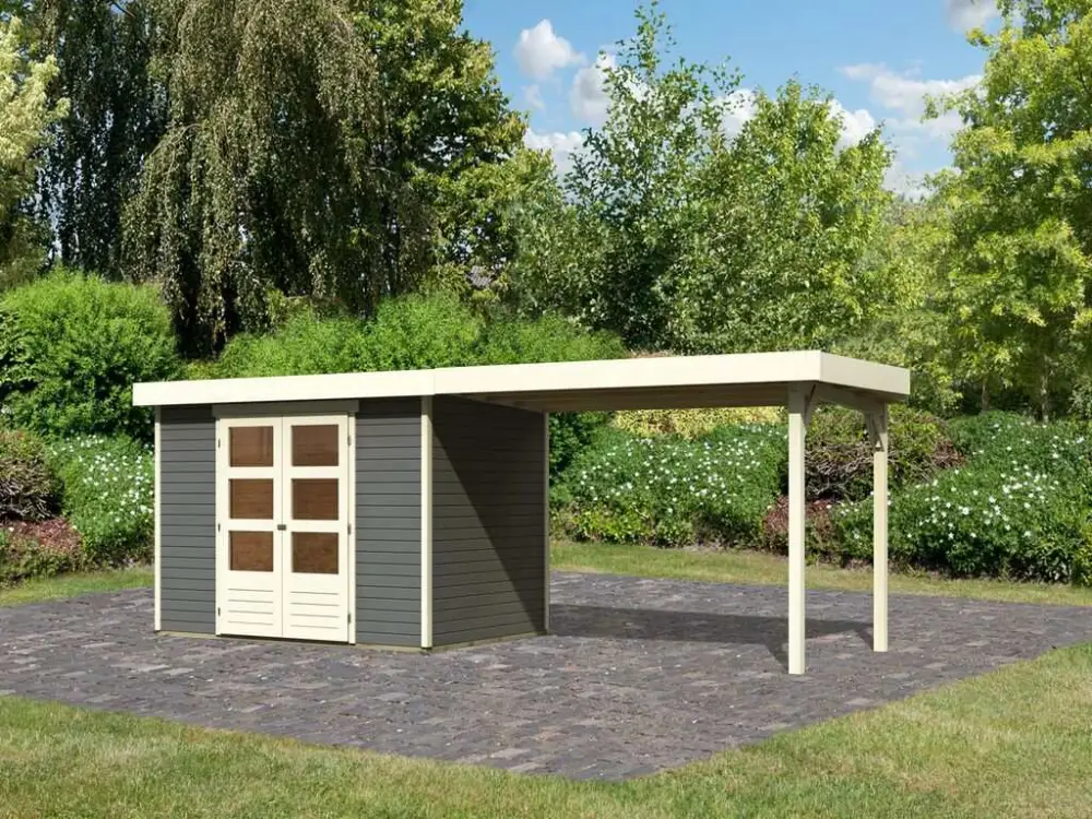 Tuinhuis SET Askola 4 19 mm terragrijs, incl. 2,8 m aanbouwdak Express Levering
