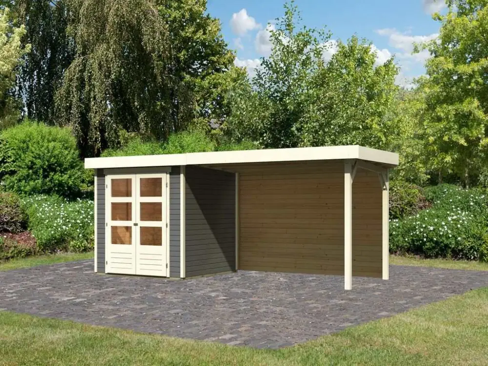 Tuinhuis Askola 2 19 mm terragrijs incl. 2,8 m aanbouwdak + achterwand Veilige Betaling