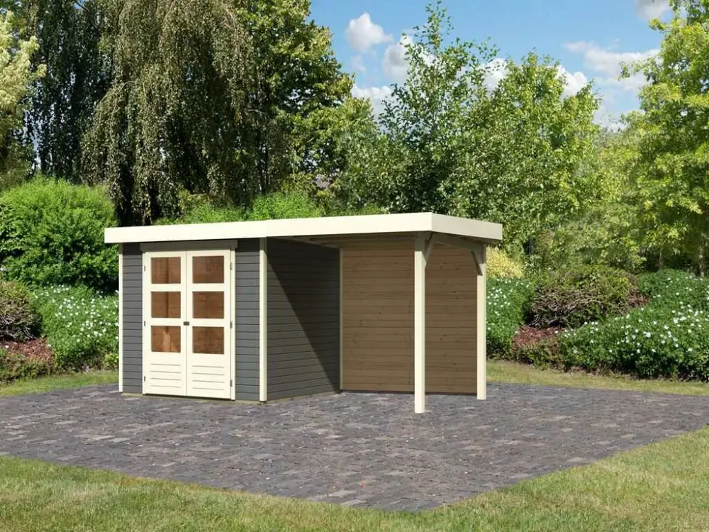 Tuinhuis Askola 3 19 mm terragrijs incl. 2,4 m aanbouwdak + achterwand Rechtstreeks Van De Fabrikant