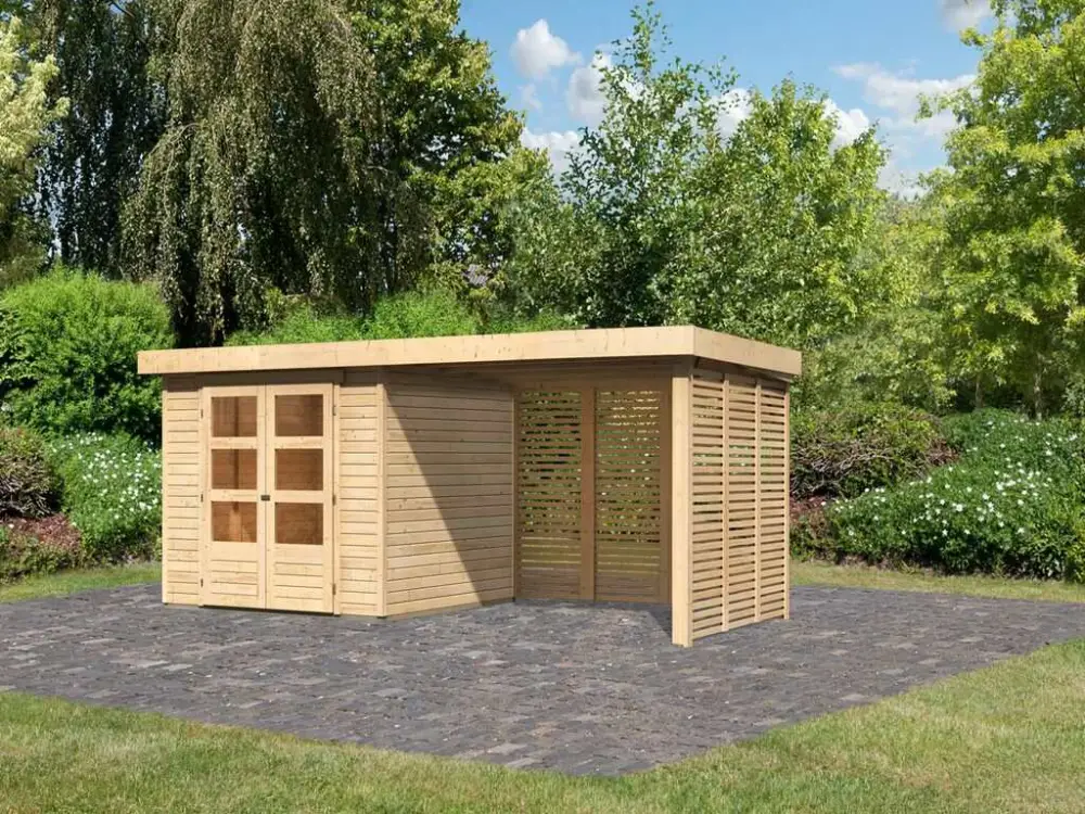 Tuinhuisje SET Askola 3,5 19 mm natuurlijke afwerking, incl. 2,8 m aangebouwd dak + lattenwanden Koop Online