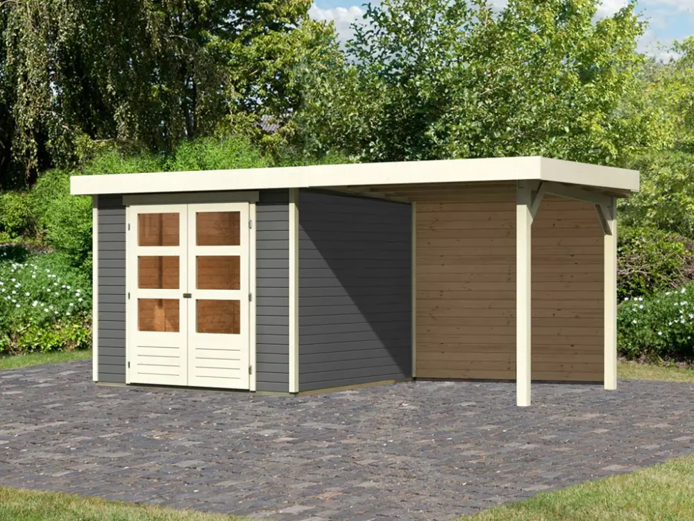 Tuinhuis SET Askola 3,5 19 mm terragrijs, incl. 2,4 m aanbouwdak + achterwand Merkproduct