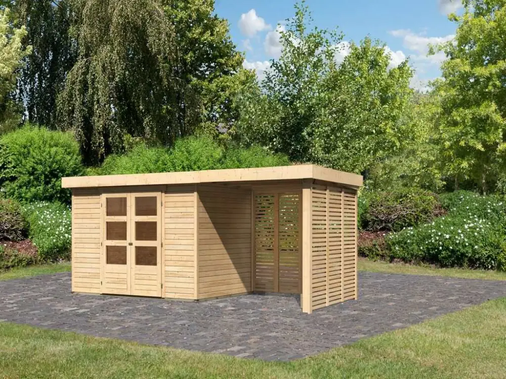 Tuinhuisje SET Askola 4 19 mm natuurlijke afwerking, incl. 2,4 m opbouwdak + lattenwanden Populair