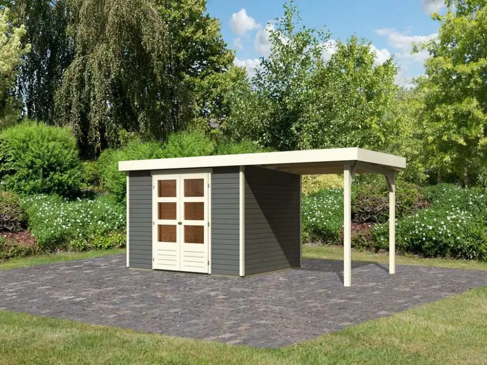 Aanbieding Tuinhuis SET Askola 5 19 mm terragrijs, incl. 2,4 m aanbouwdak