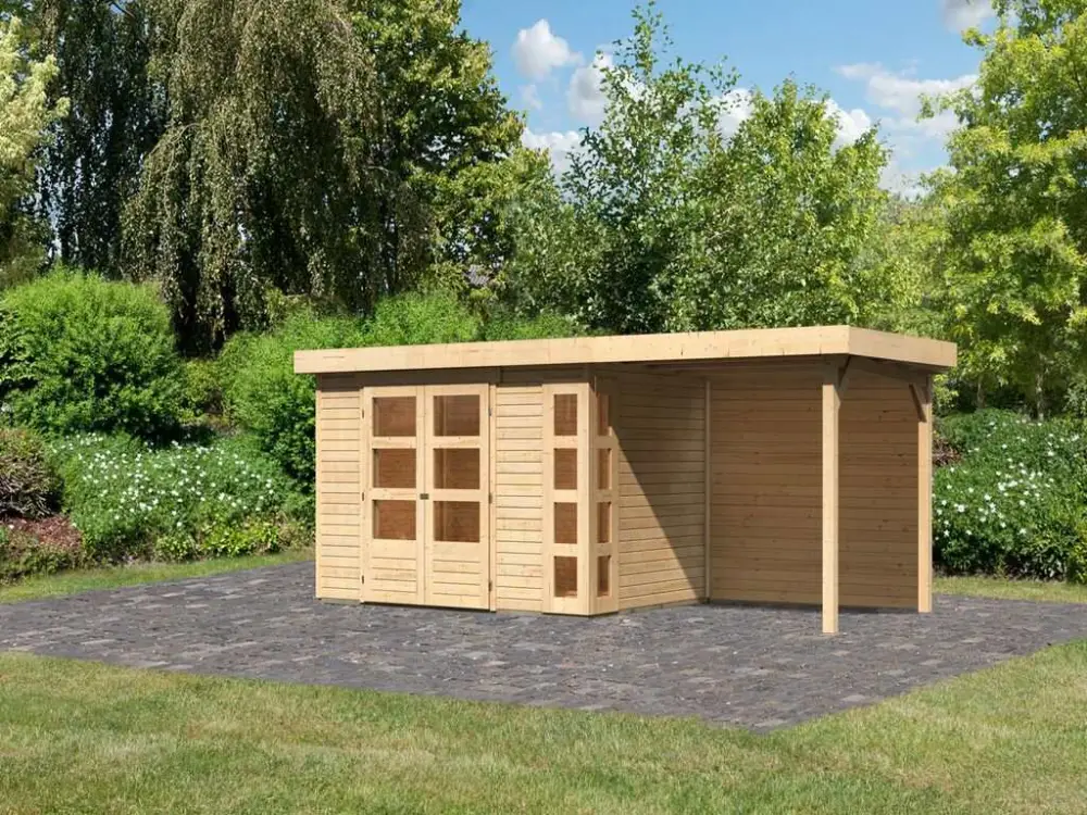 Tuinhuisje SET Kerko 4 19 mm naturel, incl. 2,4 m aangebouwd dak + achterwand Direct Beschikbaar