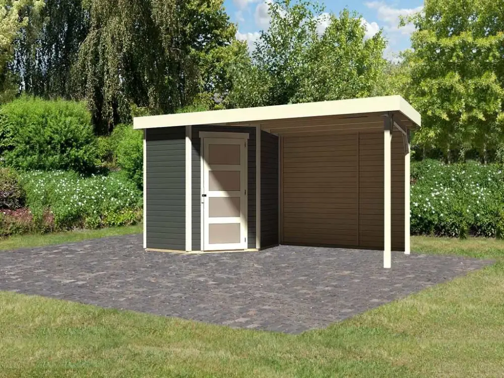 Tuinhuis SET Schwandorf 3 19 mm terragrijs, incl. 2,8 m aanbouwdak + achterwand Speciale Aanbieding
