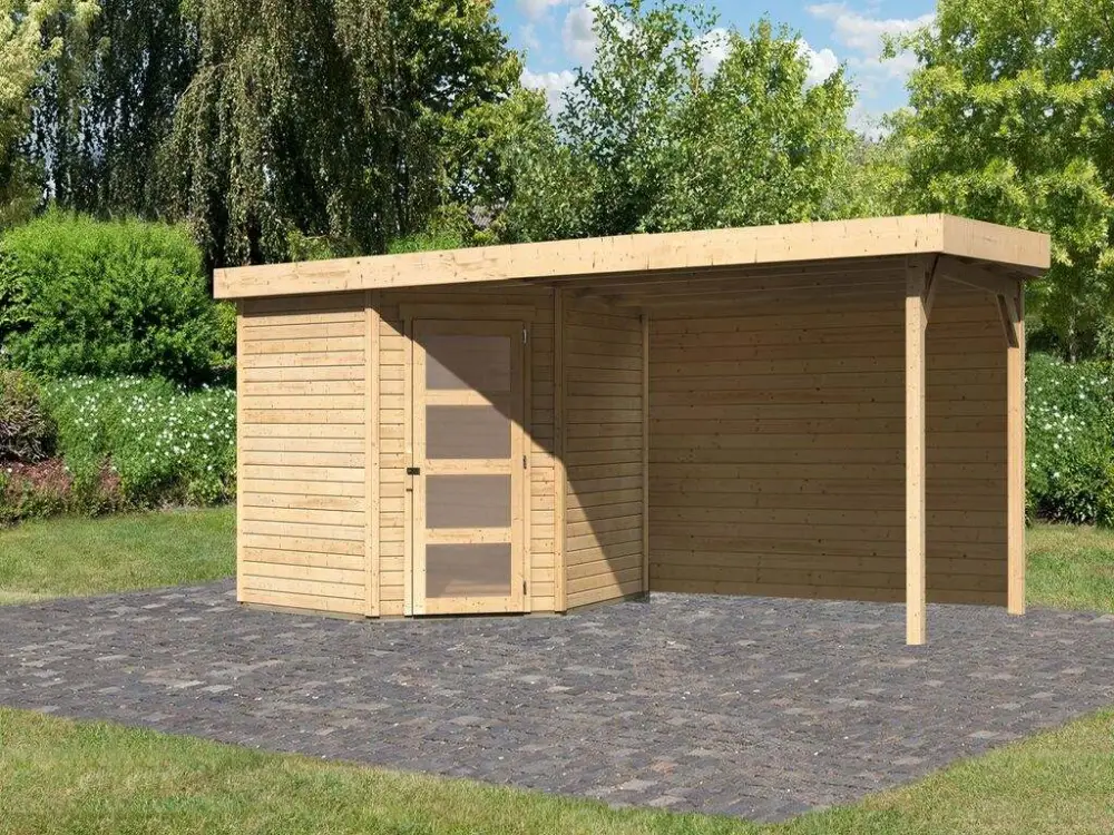 Tuinhuisje SET Schwandorf 5 19 mm naturel, incl. 2,8 m lessenaarsdak + achterwand Laatste Versie