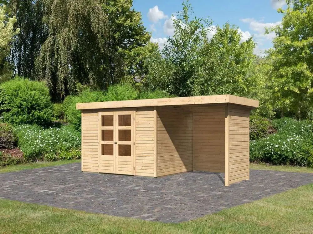 Tuinhuisje SET Askola 5 19 mm natuurlijke afwerking, incl. 2,4 m opbouwdak + zij- en achterwand Premium