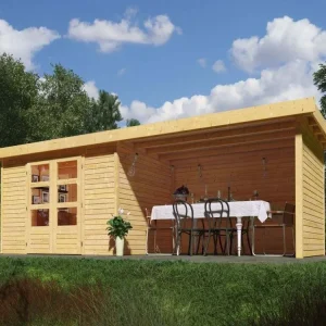 Tuinhuisje SET Askola 5 19 mm natuurlijke afwerking, incl. 2,8 m aangebouwd dak + zij- en achterwand Bestseller