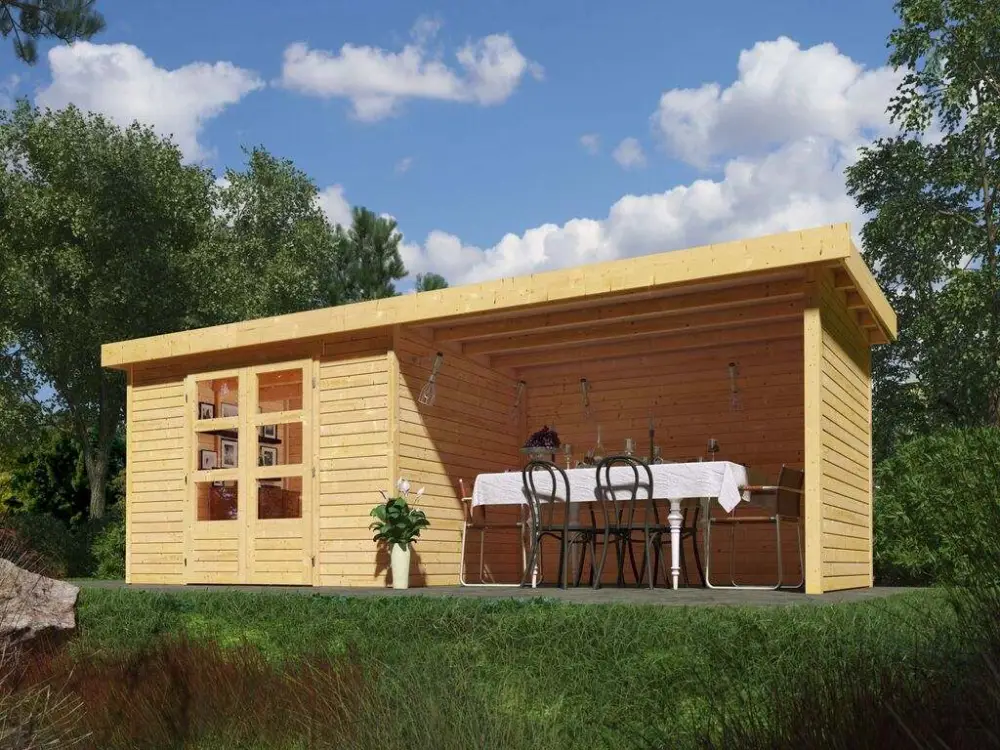 Tuinhuisje SET Askola 5 19 mm natuurlijke afwerking, incl. 2,8 m aangebouwd dak + zij- en achterwand Bestseller