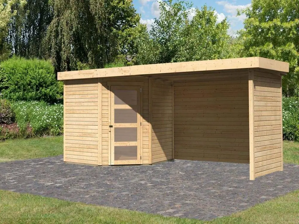 Betrouwbaar Tuinhuisje SET Schwandorf 5 19 mm naturel, incl. 2,8 m aanbouwdak + zij- en achterwand