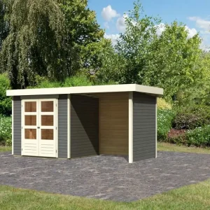 Finale Uitverkoop Tuinhuisje Askola 3 19 mm terra grijs incl. 2,4 m aangebouwd dak + zij- en achterwand