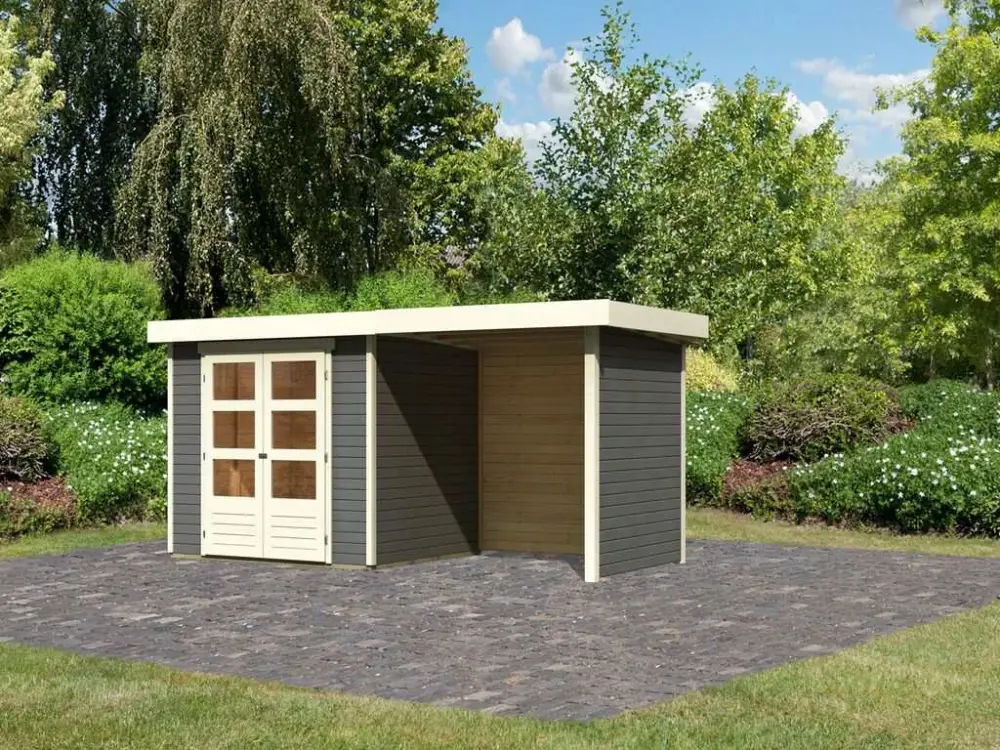 Finale Uitverkoop Tuinhuisje Askola 3 19 mm terra grijs incl. 2,4 m aangebouwd dak + zij- en achterwand