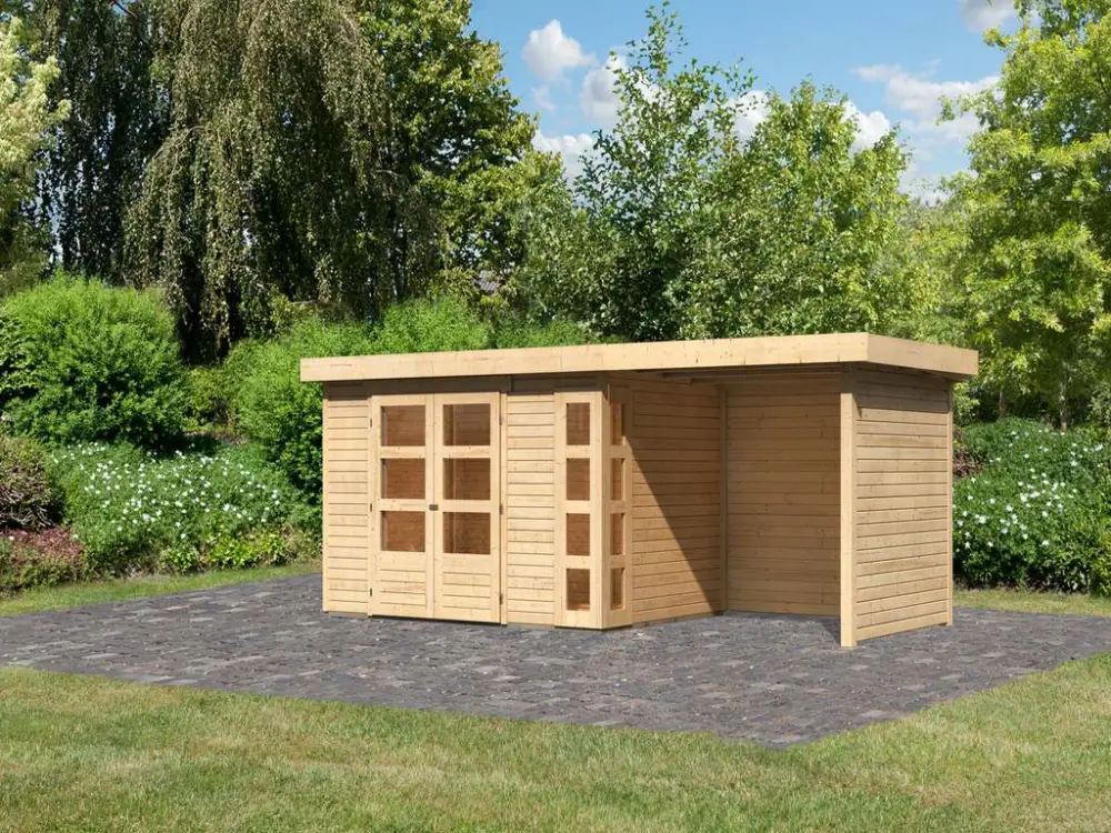 Tuinhuisje SET Kerko 4 19 mm naturel, incl. 2,4 m aangebouwd dak + zij- en achterwand Premium