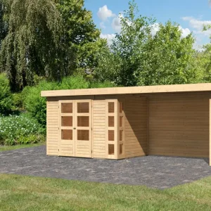 Rechtstreeks Van De Fabrikant Tuinhuisje SET Kerko 4 19 mm naturel, incl. 2,8 m aanbouwdak + zij- en achterwand