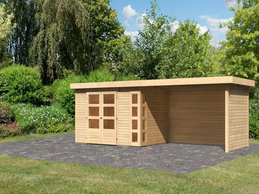 Rechtstreeks Van De Fabrikant Tuinhuisje SET Kerko 4 19 mm naturel, incl. 2,8 m aanbouwdak + zij- en achterwand