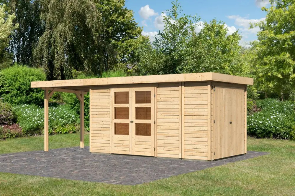 berging SET Retola 5 19 mm natuurlijke afwerking, incl. 2,4 m aanbouwdak + aanbouwkast Express Levering