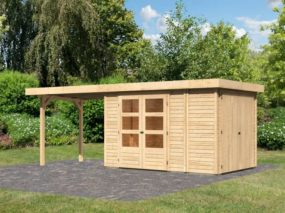 berging SET Retola 3 19 mm natuurlijke afwerking, incl. 2,8 m aanbouwdak + aanbouwkast Fabrieksprijs