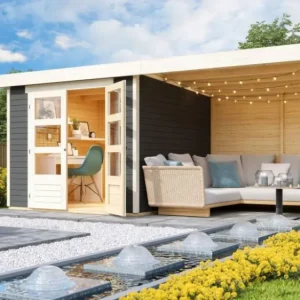 Koop Vandaag Tuinhuis SET Askola 3,5 19 mm terragrijs, incl. 2,8 m aanbouwdak + achterwand