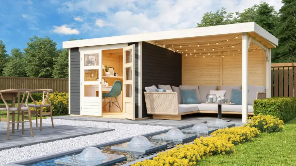 Koop Vandaag Tuinhuis SET Askola 3,5 19 mm terragrijs, incl. 2,8 m aanbouwdak + achterwand