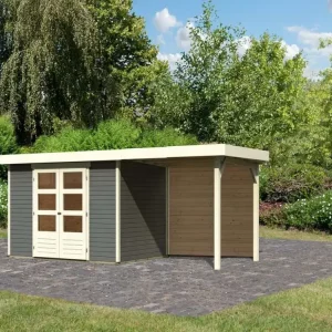 Uitverkoop Tuinhuis SET Askola 4 19 mm terragrijs, incl. 2,4 m aanbouwdak + achterwand