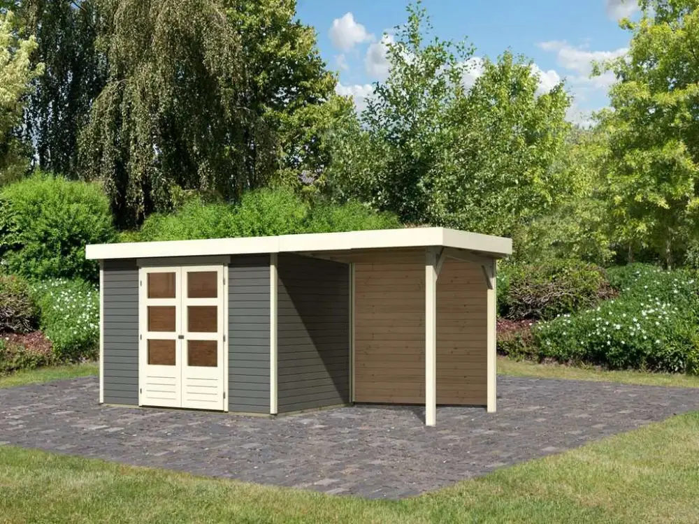 Uitverkoop Tuinhuis SET Askola 4 19 mm terragrijs, incl. 2,4 m aanbouwdak + achterwand