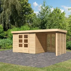 Beperkte Voorraad Tuinhuisje SET Askola 5 19 mm natuurlijke afwerking, incl. 2,4 m aangebouwd dak + lattenwanden