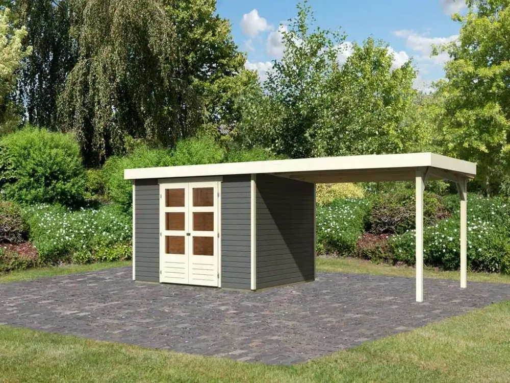 Tuinhuis SET Askola 5 19 mm terragrijs, incl. 2,8 m aanbouwdak Bestel Nu
