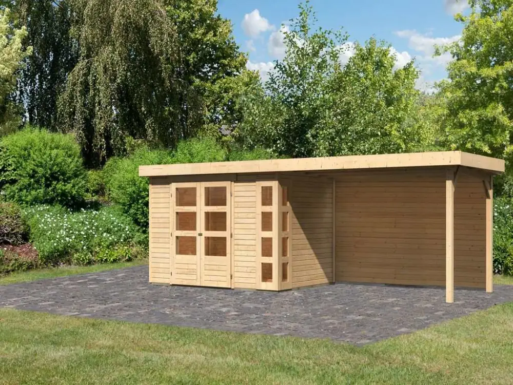 Tuinhuisje SET Kerko 4 19 mm naturel, incl. 2,8 m aangebouwd dak + achterwand Veilige Betaling