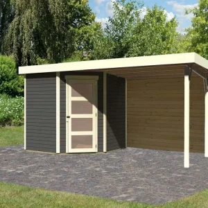 Goedkoop Tuinhuis Schwandorf 5 19 mm terragrijs incl. 2,8 m aanbouwdak + achterwand