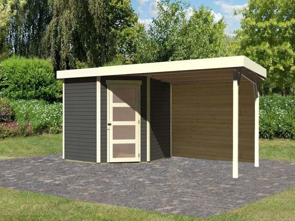 Goedkoop Tuinhuis Schwandorf 5 19 mm terragrijs incl. 2,8 m aanbouwdak + achterwand