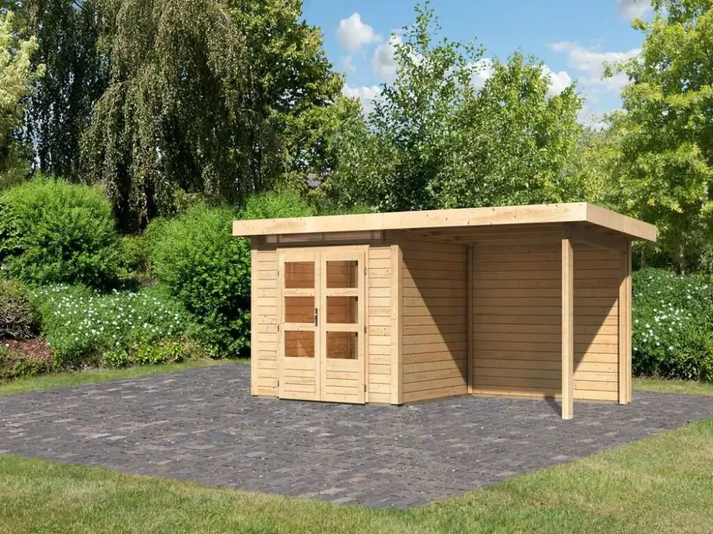 Tuinhuis SET Kandern 2 28 mm natuurlijke afwerking, incl. 2,6 m aangebouwd dak + achterwand Dagaanbieding