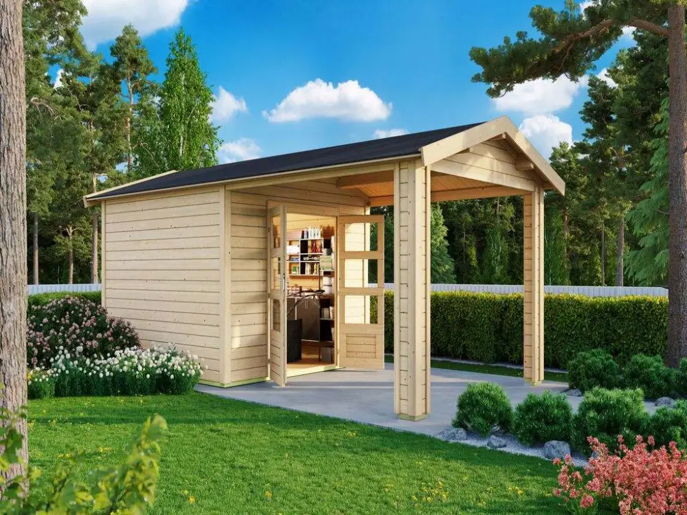 Tuinhuisje SET Theres 3 28 mm natuurlijke afwerking incl. 2,6 m dakuitbreidingselement Direct Verzonden