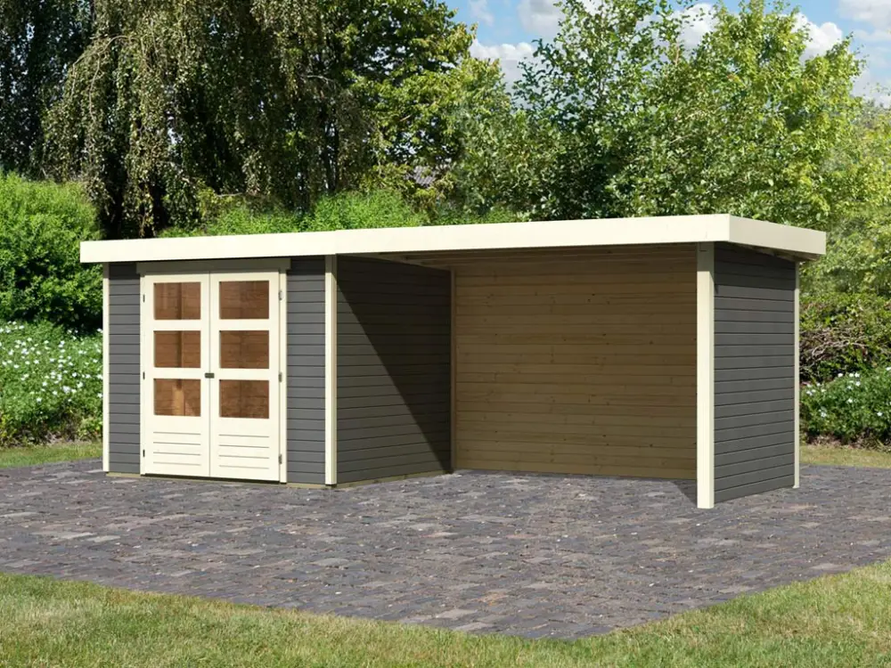 Express Levering Tuinhuisje Askola 3 19 mm terra grijs incl. 2,8 m opbouwdak + zij- en achterwand