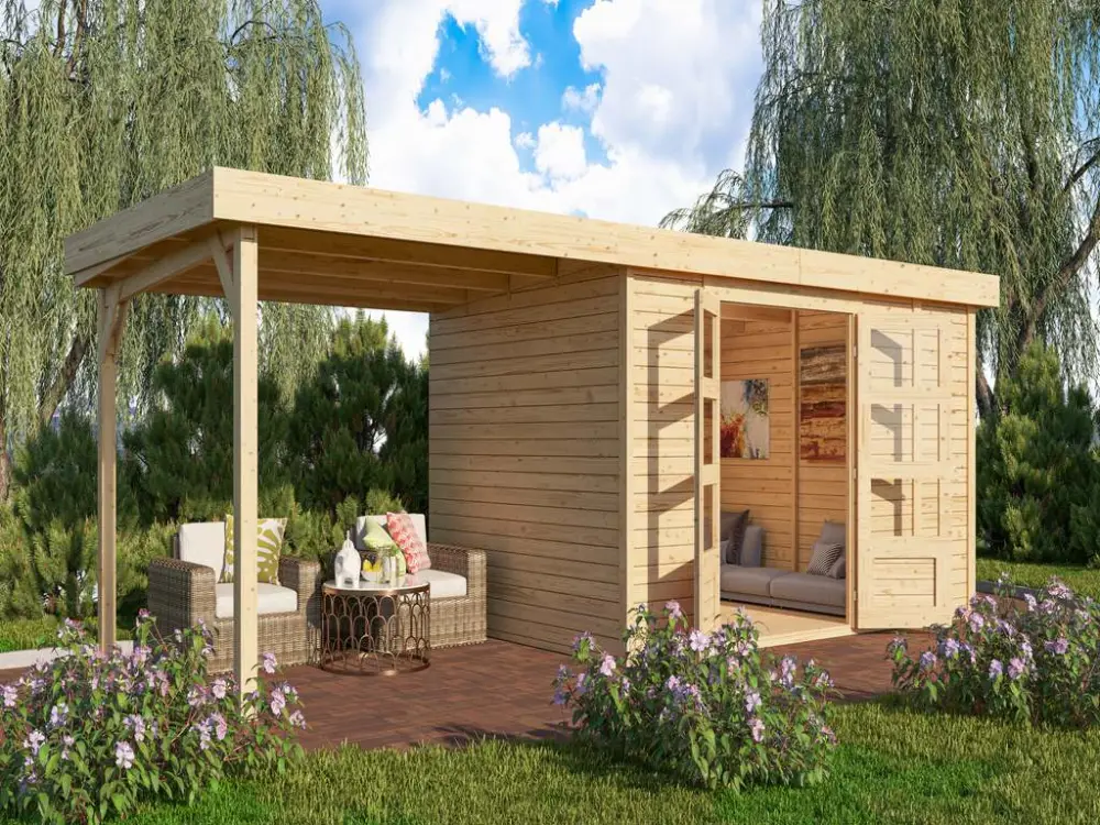 Express Levering berging SET Retola 6 19 mm natuurlijke afwerking, incl. 2,8 m aanbouwdak + aanbouwkast