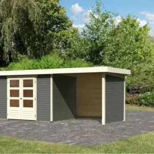 Veilige Betaling Tuinhuisje set Askola 4, terra grijs incl. 2,4 m uitbouw dak, zij- en achterwand