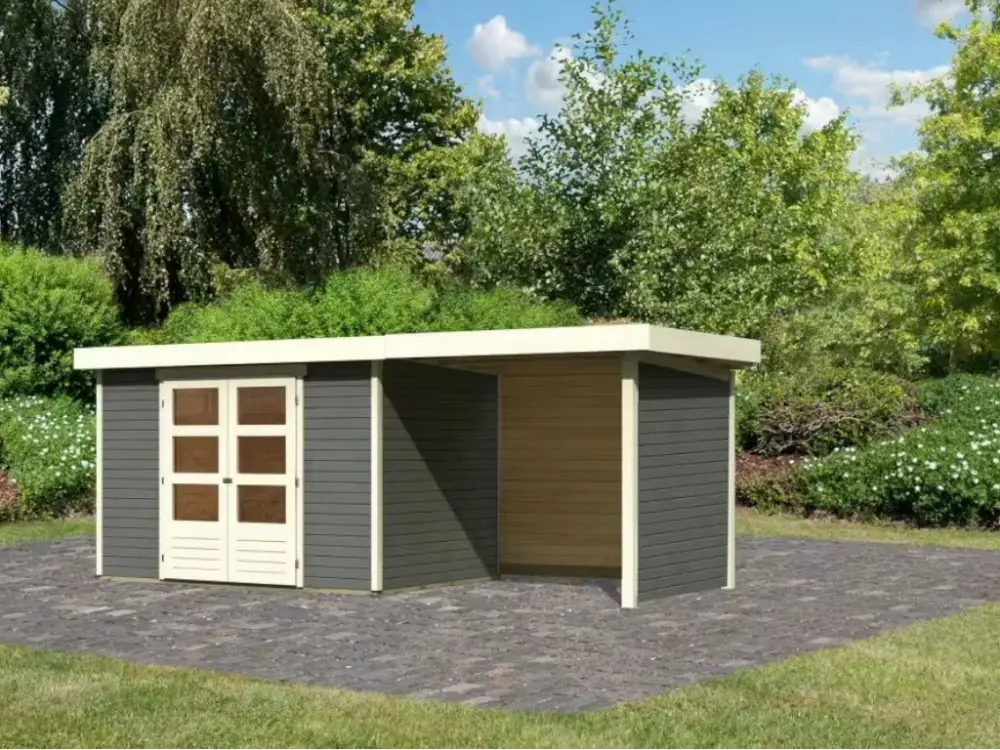 Veilige Betaling Tuinhuisje set Askola 4, terra grijs incl. 2,4 m uitbouw dak, zij- en achterwand