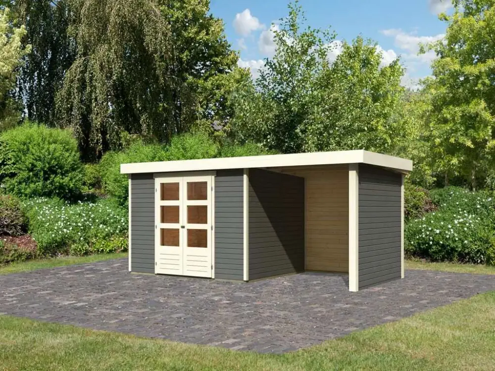 Tuinhuisje SET Askola 5 19 mm terra grijs, incl. 2,4 m aangebouwd dak + zij- en achterwand Dagaanbieding