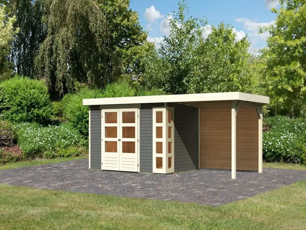 Tuinhuis SET Kerko 4 19 mm terragrijs, incl. 2,4 m aanbouwdak + achterwand Superprijs