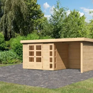 Beperkte Voorraad Tuinhuisje SET Kerko 5 19 mm natuurlijke afwerking, incl. 2,4 m aanbouwdak + zij- en achterwand
