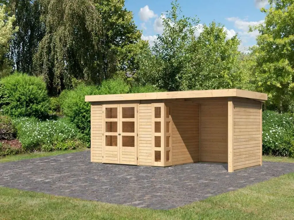 Beperkte Voorraad Tuinhuisje SET Kerko 5 19 mm natuurlijke afwerking, incl. 2,4 m aanbouwdak + zij- en achterwand