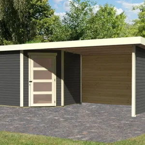 Tuinhuis Schwandorf 5 19 mm terragrijs incl. 2,8 m aanbouwdak + zij- en achterwand Seizoensaanbieding