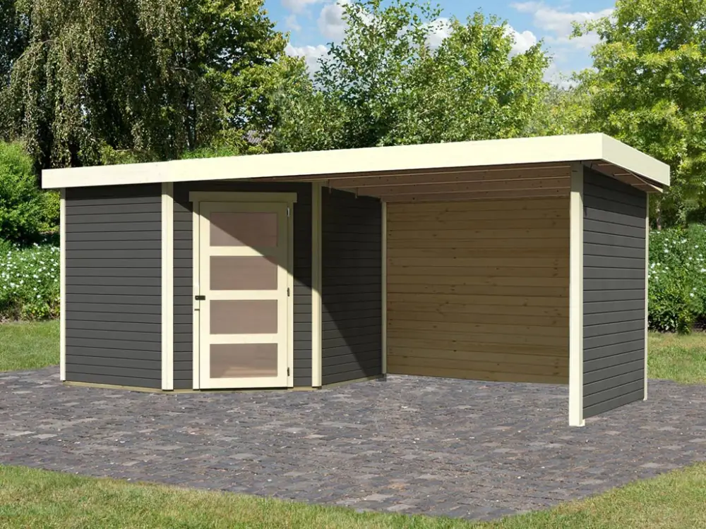Tuinhuis Schwandorf 5 19 mm terragrijs incl. 2,8 m aanbouwdak + zij- en achterwand Seizoensaanbieding