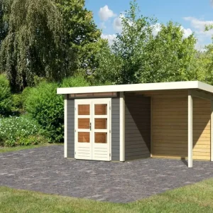 Beperkt Aanbod Tuinhuis SET Kandern 2 28 mm terra grijs, incl. 2,6 m aanbouwdak + achterwand