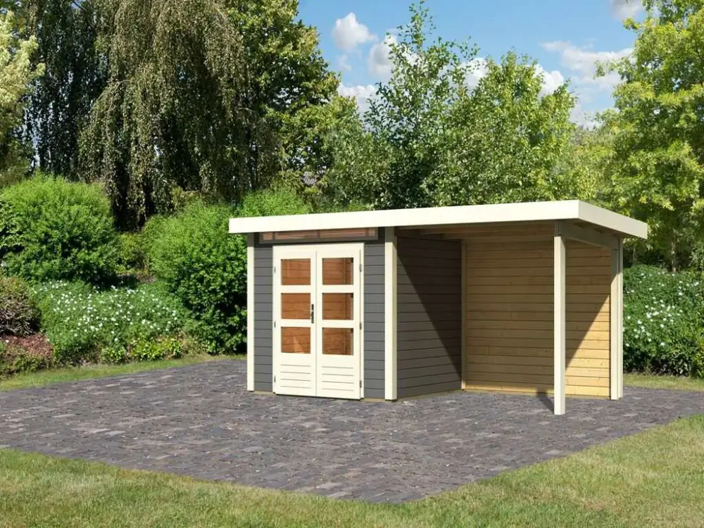 Beperkt Aanbod Tuinhuis SET Kandern 2 28 mm terra grijs, incl. 2,6 m aanbouwdak + achterwand
