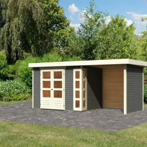 Aanbieding Tuinhuisje SET Kerko 4 19 mm terra grijs, incl. 2,4 m aangebouwd dak + zij- en achterwand