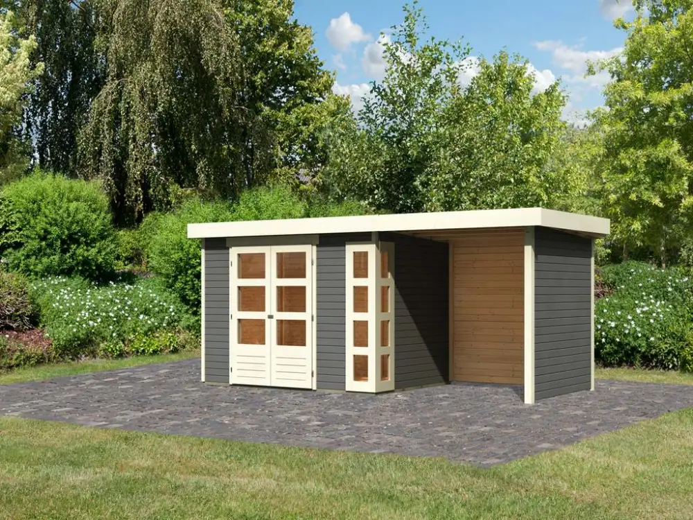 Aanbieding Tuinhuisje SET Kerko 4 19 mm terra grijs, incl. 2,4 m aangebouwd dak + zij- en achterwand