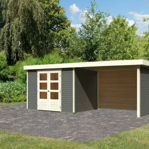 Snelle Levering Tuinhuisje SET Askola 5 19 mm terra grijs, incl. 2,8 m aanbouwdak + zij- en achterwand