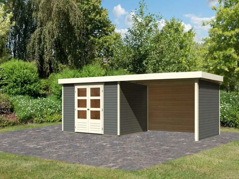 Snelle Levering Tuinhuisje SET Askola 5 19 mm terra grijs, incl. 2,8 m aanbouwdak + zij- en achterwand